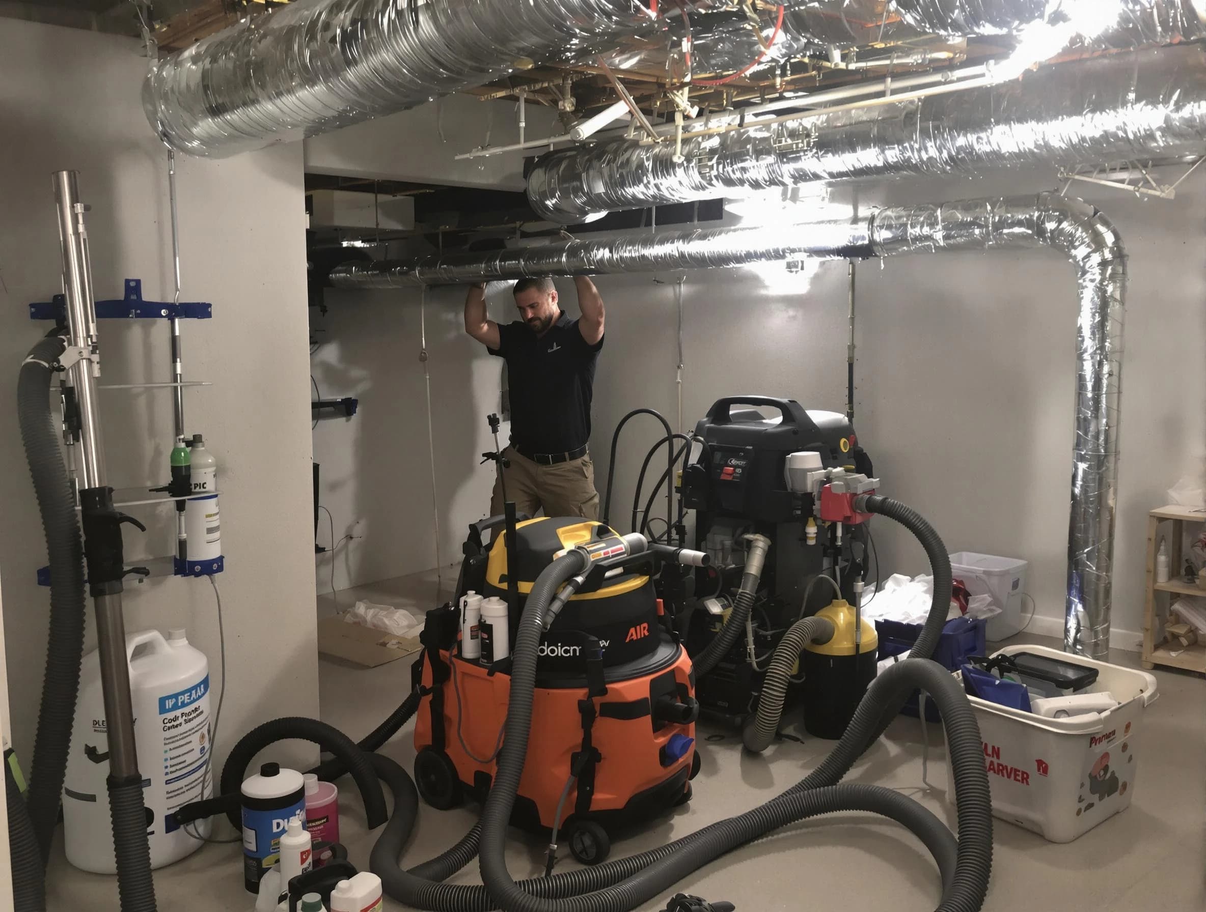 Providence Air Duct Cleaning specialist performing professional mold removal from air ducts using safety equipment in Providence