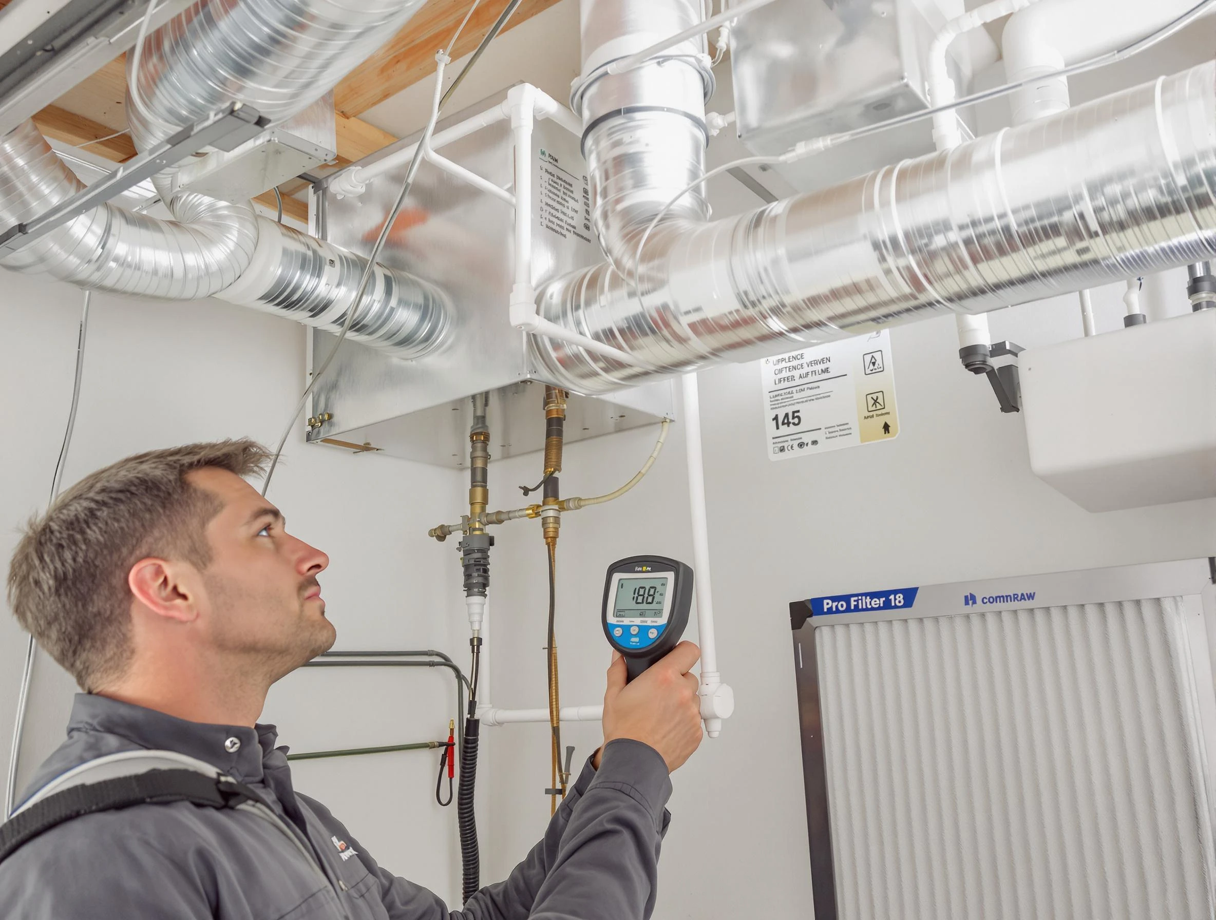 Providence Air Duct Cleaning expert conducting detailed filter system inspection using diagnostic tools in Providence